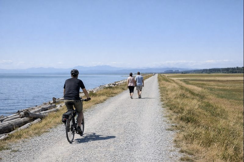 biking and walking along beach path professional image Barnet Marine Park Day Trip Ideas in Burnaby, BC biking and walking along beach path professional image