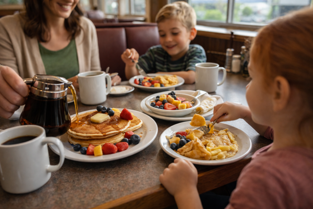 family breakfast at delta restaurant with pancakes and fruit Burnaby BC Family Restaurants Kids Love family-breakfast-at-burnaby-restaurant-with-pancakes-and-fruit