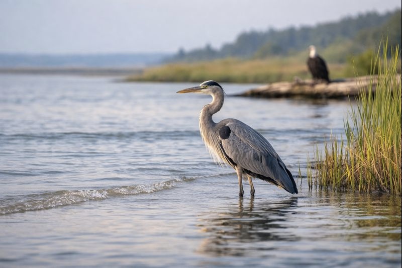 great blue heron by the water professional wildlife photography Barnet Marine Park Day Trip Ideas in Burnaby, BC great blue heron by the water professional wildlife photography