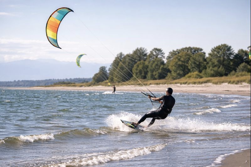 kite surfing professional at the beach in sunny weather Barnet Marine Park Day Trip Ideas in Burnaby, BC kite surfing professional at the beach in sunny weather
