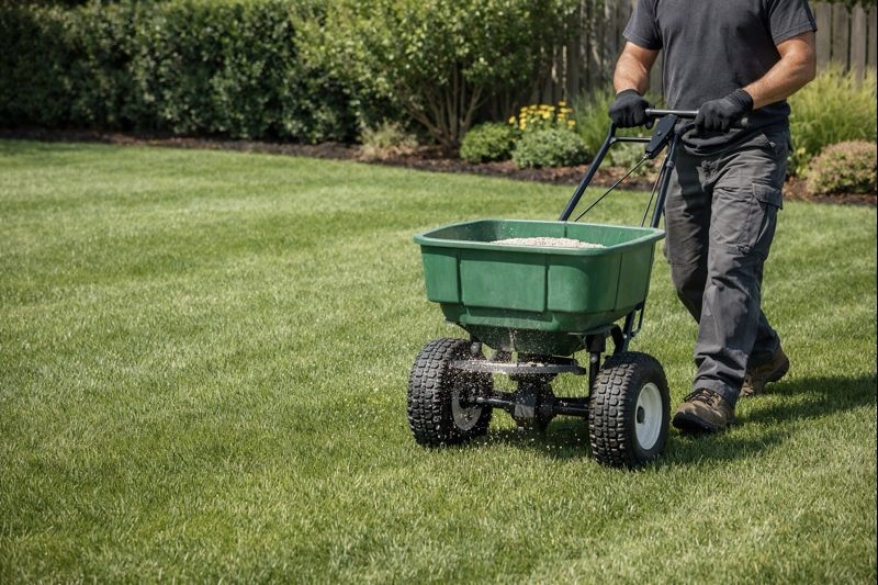 Lawn care professional applying fertiliser in a Burnaby residential yard