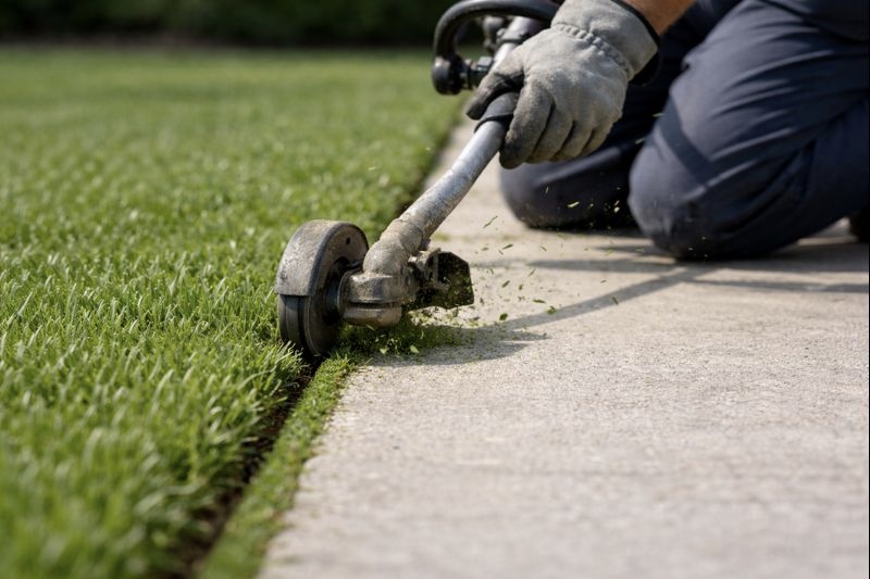 Lawn care professional trimming grass edges near a Burnaby sidewalk
