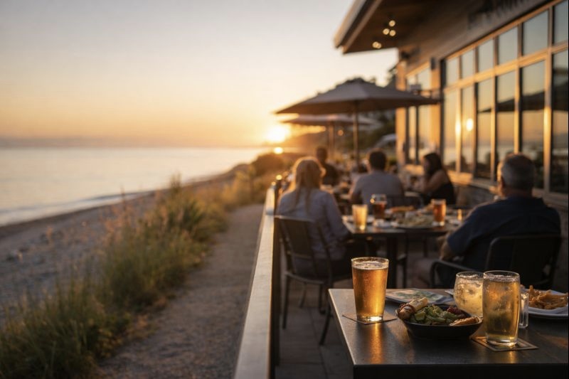 outdoor dining professional sunset ocean view relaxation friends Barnet Marine Park Day Trip Ideas in Burnaby, BC outdoor dining professional sunset ocean view relaxation friends