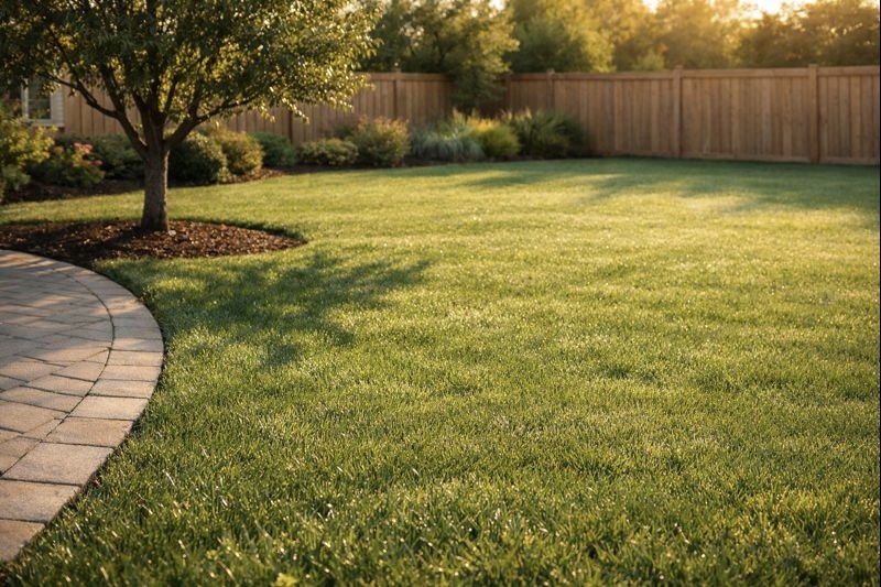 Professional landscaped yard with trees and fence in warm Burnaby sunset lighting