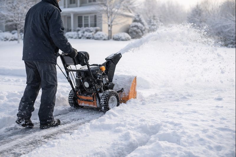 Snow removal professional using a snowblower during a Burnaby winter snowstorm