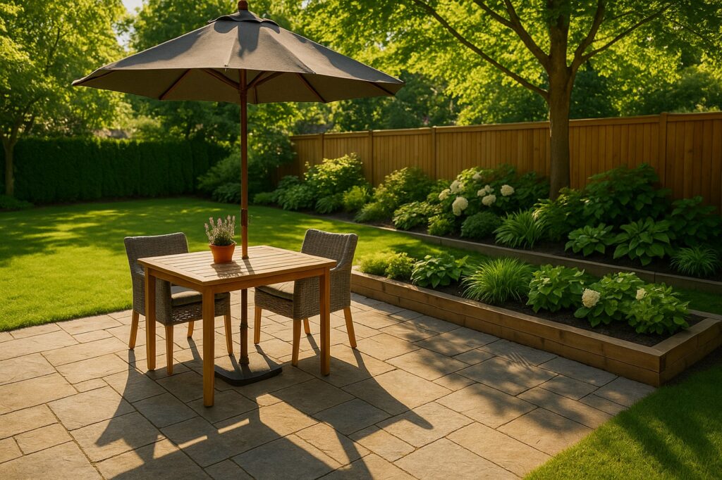 sunny patio with table and umbrella local
