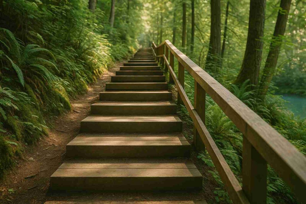 wooden steps in forest local experiences Your Guide to Free Outdoor Fitness Trails in Burnaby BC wooden steps in forest local experiences.jpg