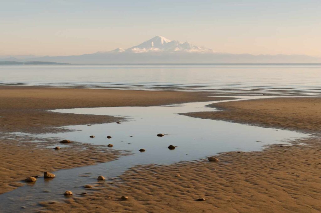 calm beach view with mountains local shopping Burnaby BC Photo Spots: Beautiful Views calm beach view with mountains local shopping