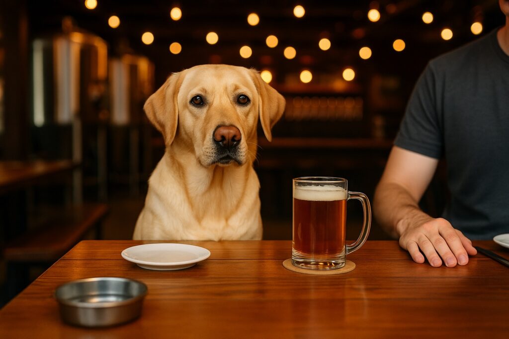 dog and beer at local pub table