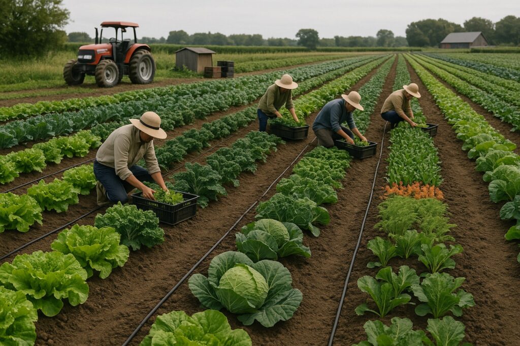local farmers harvesting lettuce in green fields