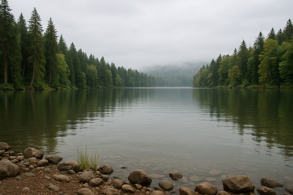 misty lake in forest with stones local