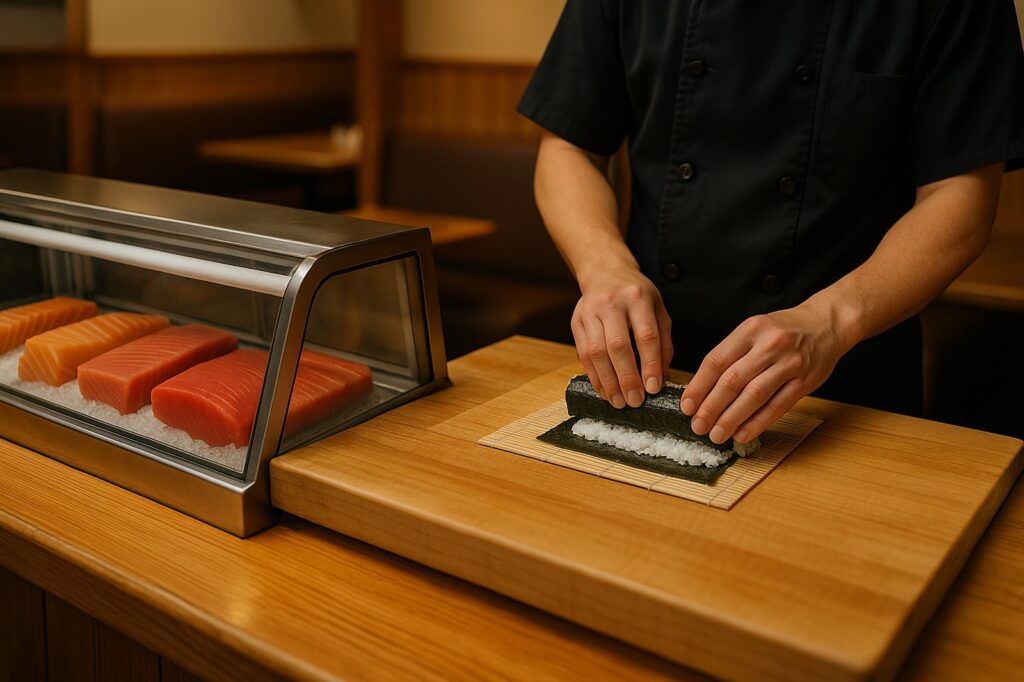sushi chef preparing fresh local sushi rolls in restaurant Sushi in Burnaby Sushi chef preparing fresh local rolls in a Burnaby restaurant
