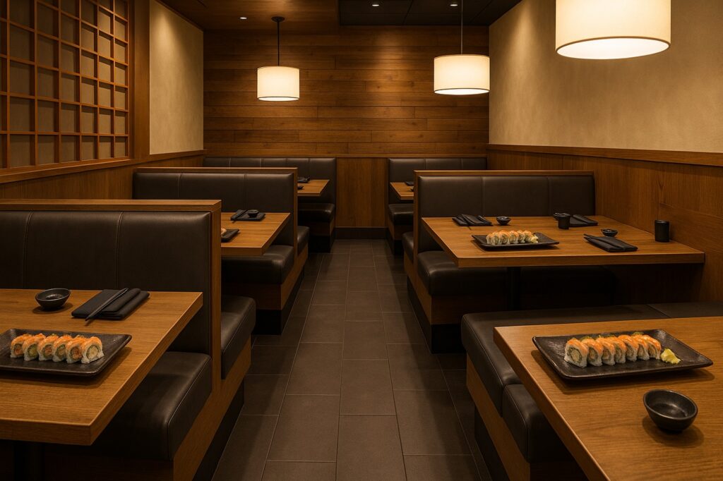 sushi restaurant interior delta modern style wood elemnts Sushi in Burnaby Modern sushi restaurant interior with wood elements in Burnaby