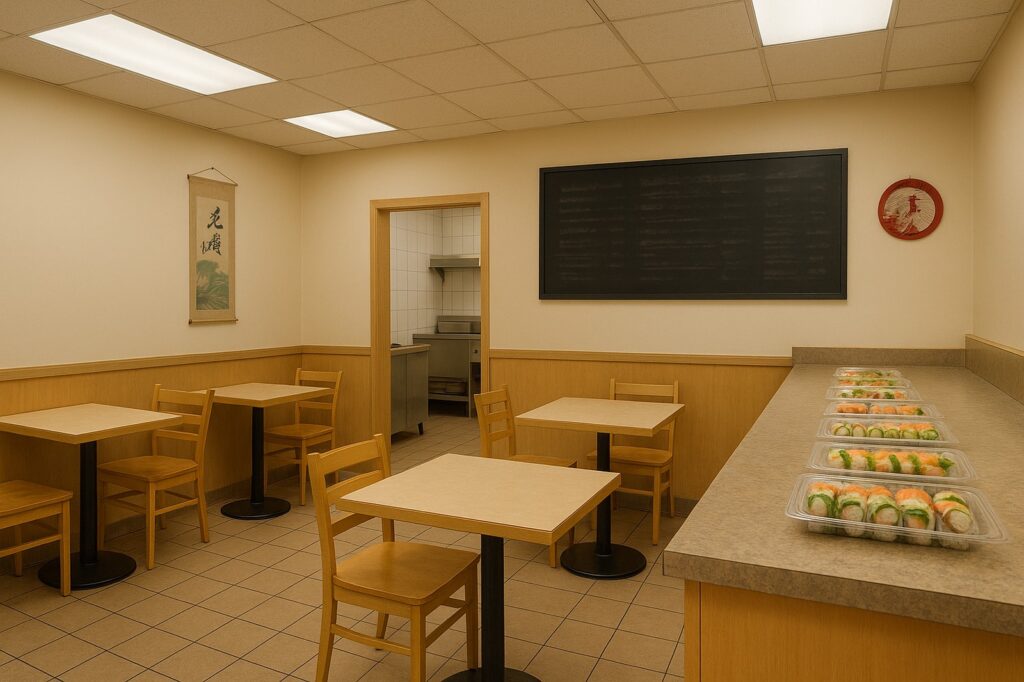 sushi restaurant interior with delta rolls and chairs Sushi in Burnaby Sushi restaurant interior with colourful rolls in Burnaby