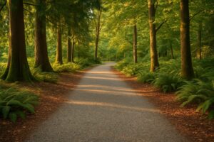 tranquil forest path local sunlight dappled greenery 2023