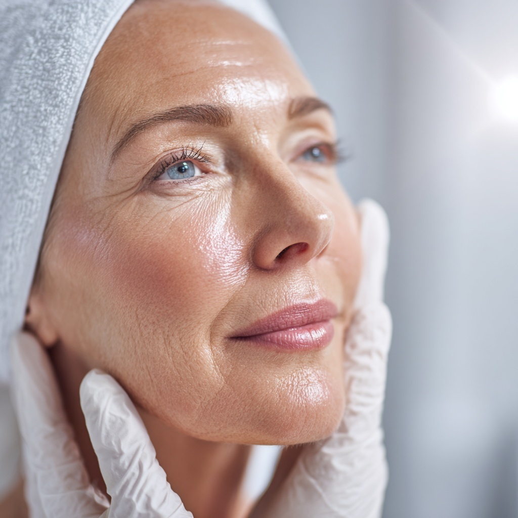 Mature woman with visible skin aging and wrinkles receiving facial treatment at Gilmore Wellness Clinic in Burnaby