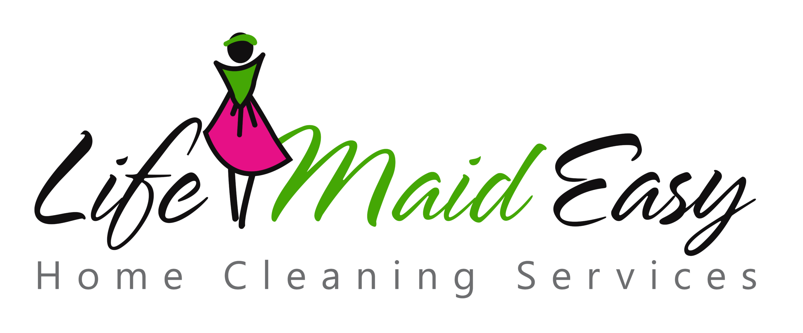 Life Maid Easy Home Cleaning Services logo featuring a stylized woman in a pink dress with green accents