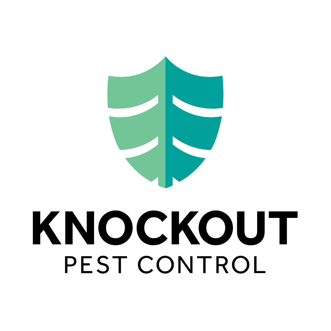 Knockout Pest Control logo featuring a green and teal shield with leaf design and white accent lines