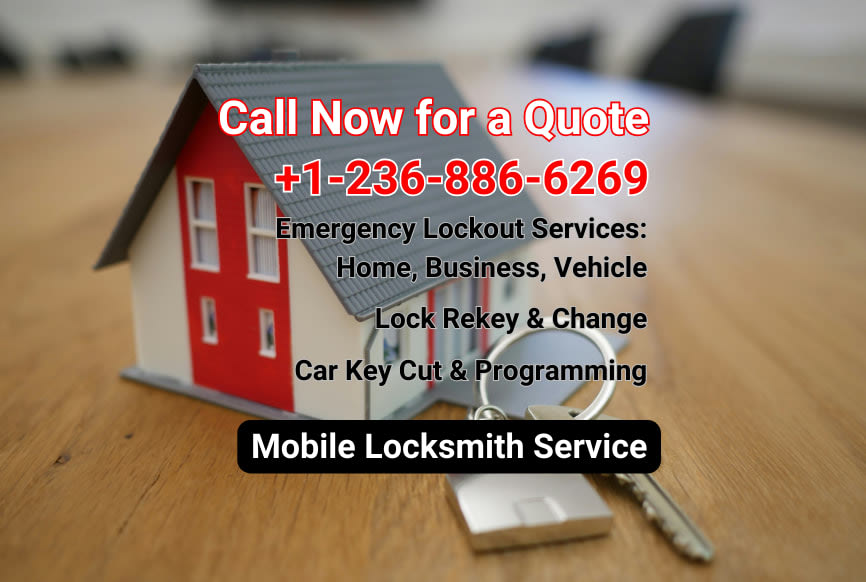 A model red and gray house with a silver key on a wooden surface, promoting emergency lockout services in Burnaby including home, business, and vehicle locksmith services with phone number +1-236-886-6269