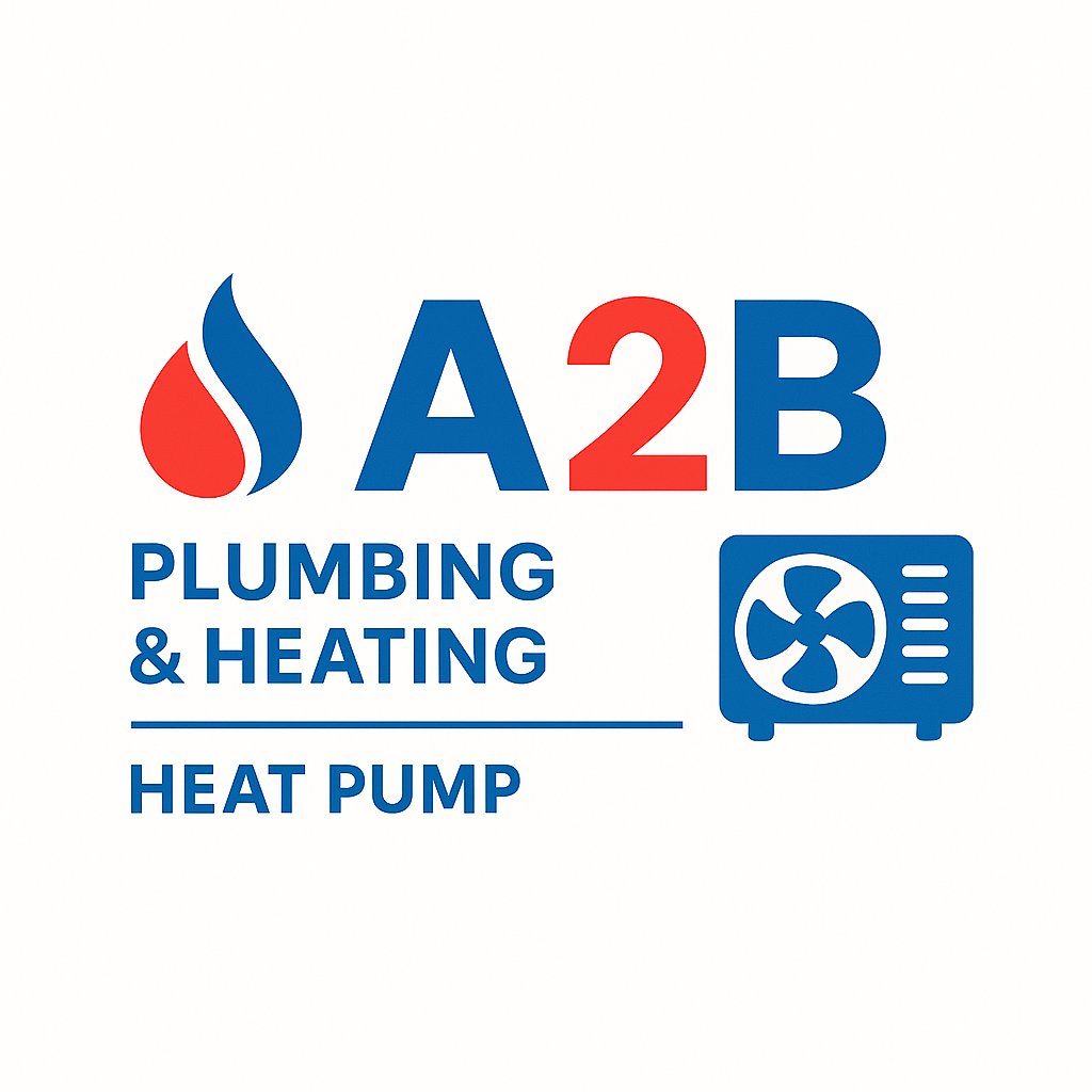 A2B Plumbing and Heating logo with flame and heat pump icon