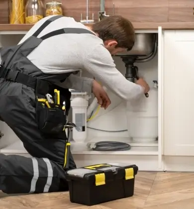Plumber in Burnaby working on under-sink plumbing with toolbox