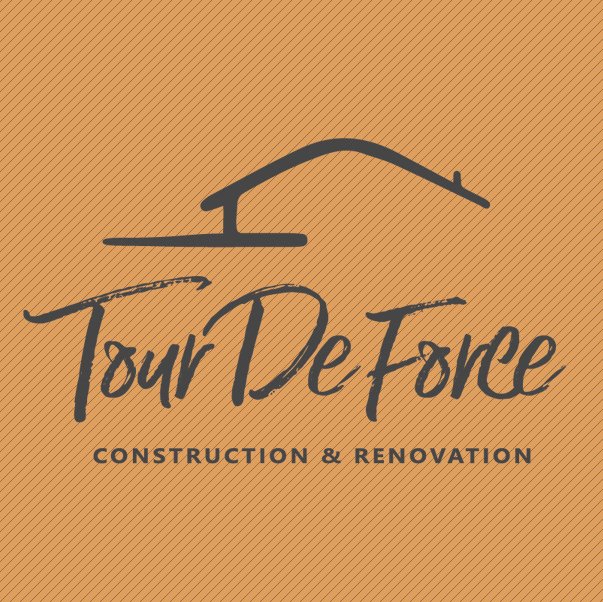 Tour De Force Construction & Renovation logo featuring a stylized house roof design with company name in script lettering on tan background