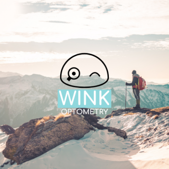 Wink Optometry logo featuring a simple winking face cartoon character overlaid on a mountain landscape with a hiker, representing eye care services in Burnaby
