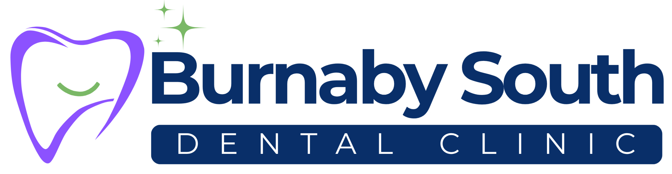Burnaby South Dental Clinic logo featuring a purple tooth outline with a smiling face and green sparkles