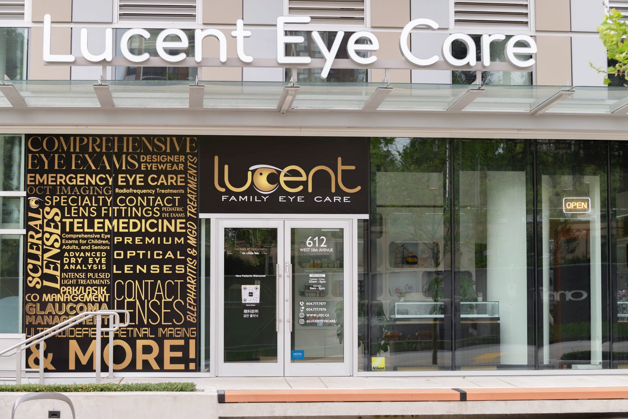 Lucent Family Eye Care storefront located at 612 West 8th Avenue in Burnaby, featuring large signage advertising comprehensive eye exams, designer eyewear, emergency care, and specialty services like contact lens fittings and telemedicine