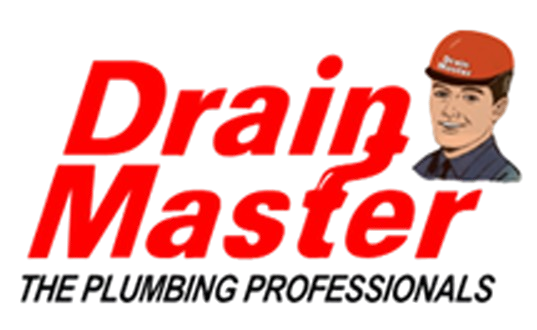 Drain Master plumbing professional logo featuring a smiling plumber in an orange cap and red text