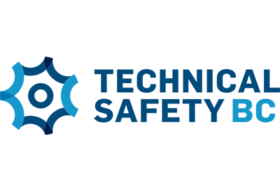 Technical Safety BC logo featuring a blue gear-shaped emblem with a circular center, accompanied by the text 'TECHNICAL SAFETY BC' in dark blue and light blue colors