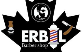 Erbil Barber Shop logo featuring a black maple leaf with barber pole and silhouette emblem in Burnaby