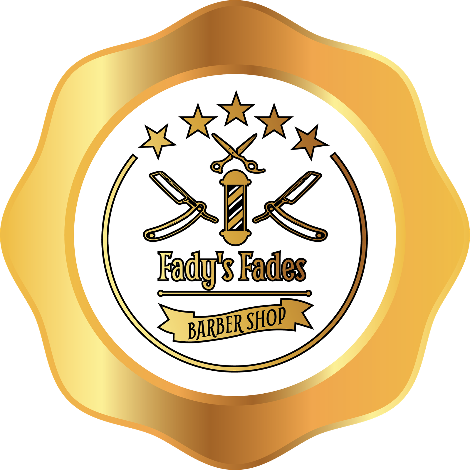 Fady's Fades Barber Shop logo featuring crossed straight razors, a comb, five gold stars, and a banner in a gold seal badge design