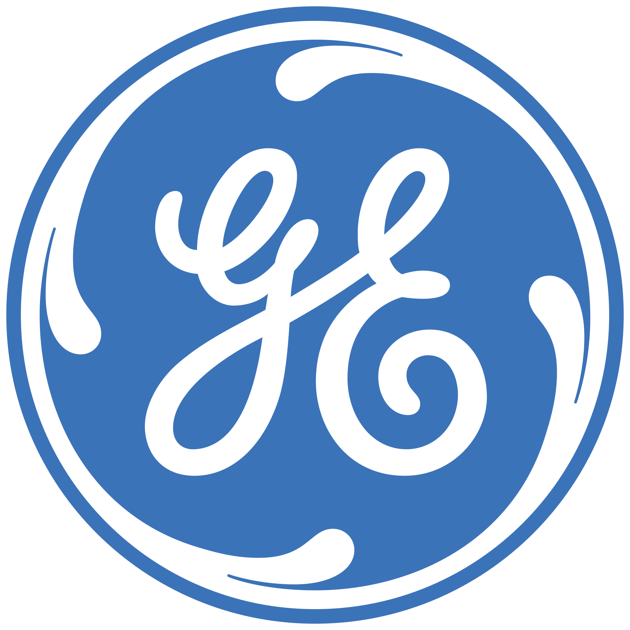 General Electric logo featuring a blue circle with white stylized GE letters, representing the major appliance and industrial company