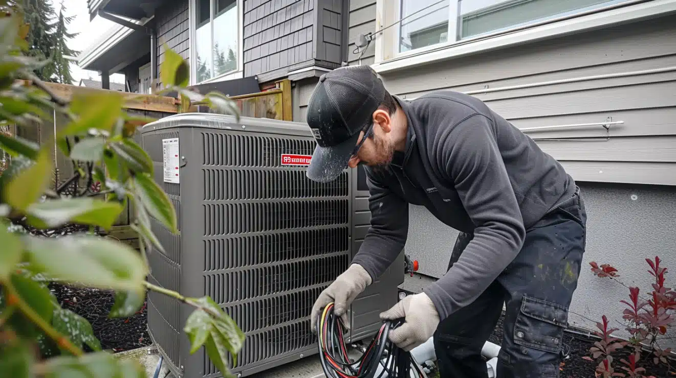 HVAC technician in dark clothing and work gloves servicing a residential heat pump unit outside a home in Burnaby, with landscaping visible in the background