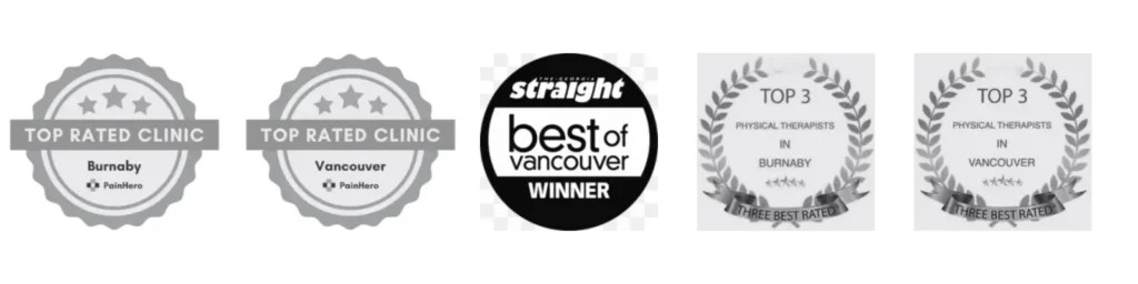INSYNC Physio awards and recognition badges including Top Rated Clinic certifications for Burnaby and Vancouver, Straight Best of Vancouver winner, and Top 3 Physical Therapists awards