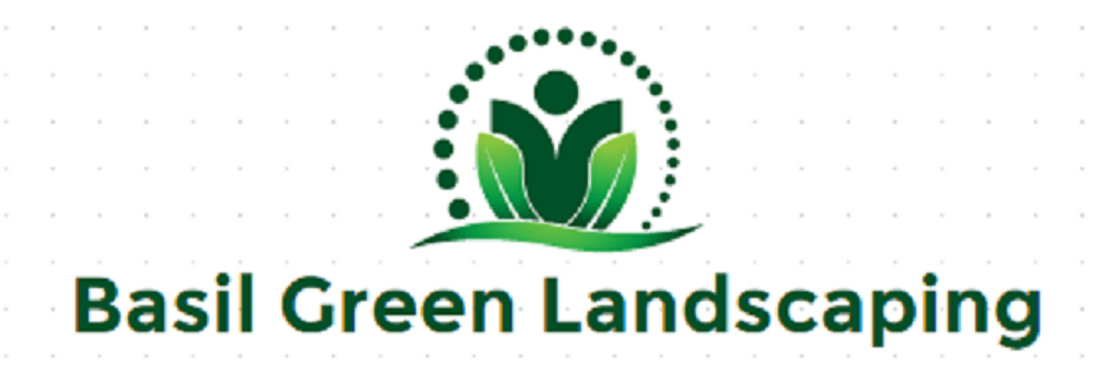 Basil Green Landscaping logo featuring a stylized human figure with green leaves and a circular dotted halo design