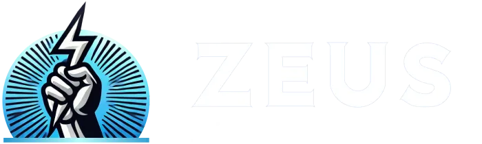 Zeus Electric & Controls Inc logo featuring a fist holding a lightning bolt with radiating blue lines, representing electrical services in Burnaby
