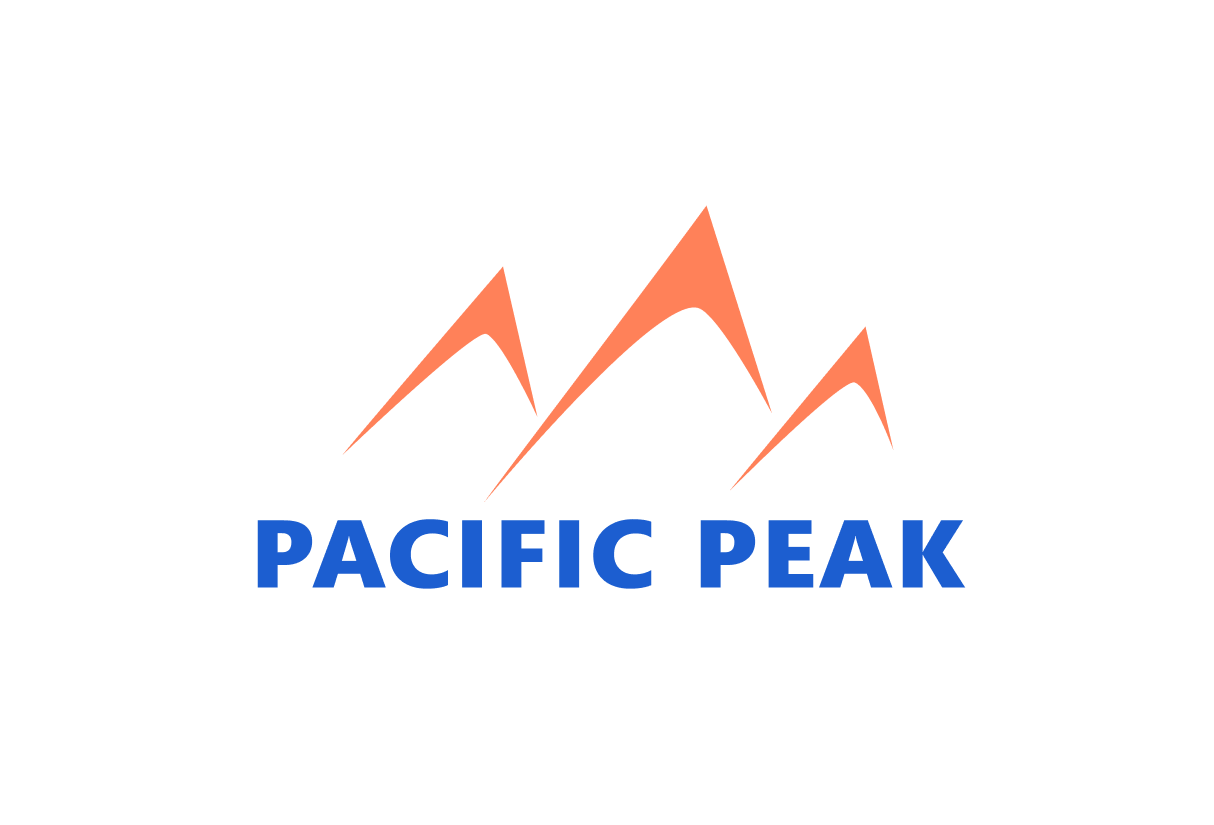 Pacific Peak Bookkeeping Solutions logo featuring three orange mountain peaks above blue text