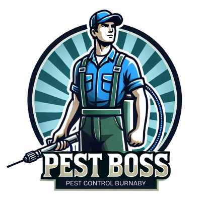 Pest Boss Pest Control Burnaby logo featuring a professional pest control technician in blue uniform holding equipment