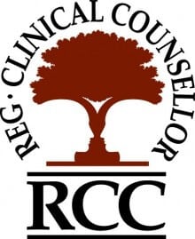 RCC (Registered Clinical Counsellors) logo featuring a large tree with spreading branches above the acronym RCC, representing professional counselling services in Burnaby