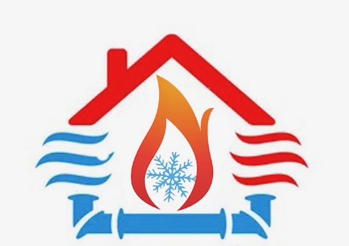 Royal Pro Heating logo featuring a red house roof with a flame containing a snowflake, blue wavy lines on sides, and hands below, representing heating and cooling services in Burnaby