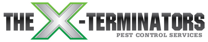The X-Terminators Pest Control Services logo featuring a green and silver X design with bold text