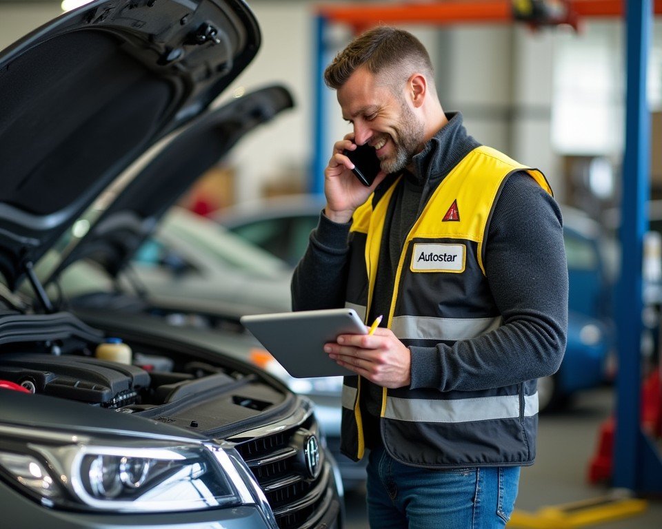 Autostar mechanic in yellow and black safety vest holding a tablet and speaking on phone while working on a vehicle with open hood in a repair shop