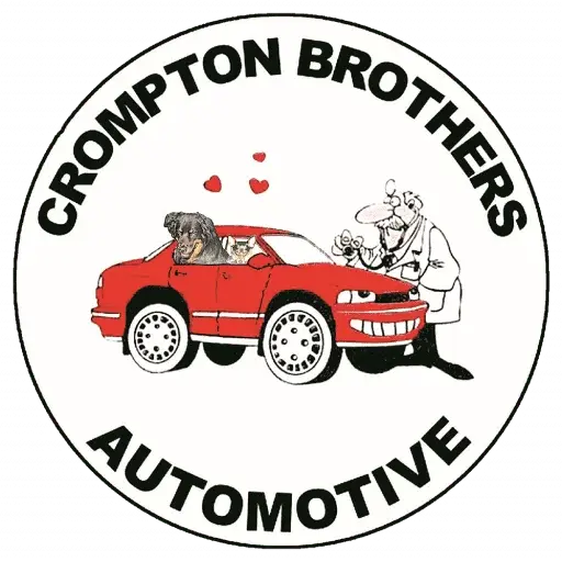 Crompton Brothers Automotive logo featuring a cartoon man in love with a red car in Burnaby