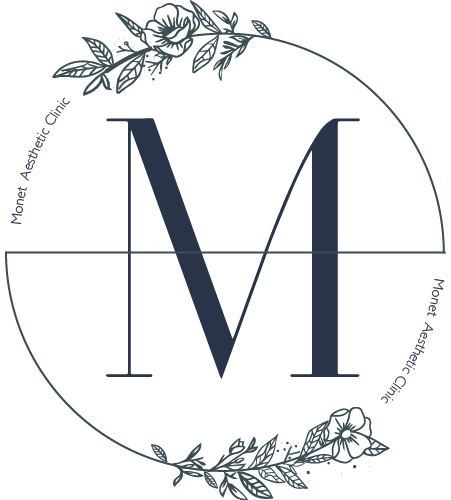 Monet Aesthetic Clinic logo featuring a stylized M monogram in a circular design with botanical floral elements and text reading 'Monet Aesthetic Clinic' and 'Broker Selling Or Re', representing an aesthetic and cosmetic clinic in Burnaby