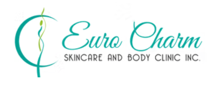 Euro Charm Skincare and Body Clinic logo featuring a stylized turquoise caduceus symbol with a green leaf accent and elegant script text, representing professional skincare and body treatment services in Burnaby