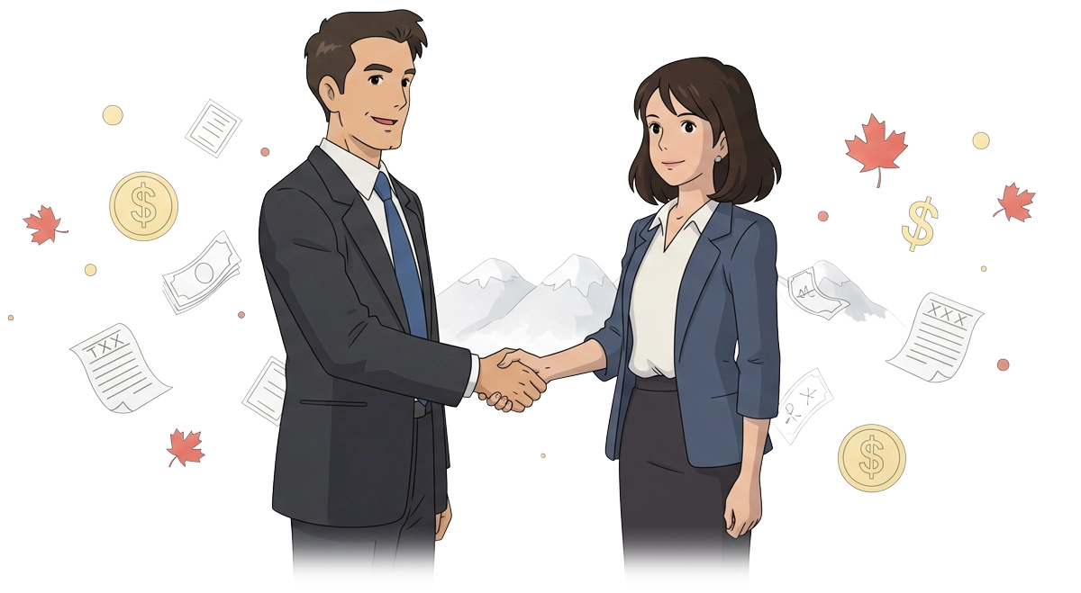 A male and female accountant shaking hands in professional business attire, surrounded by financial icons including dollar coins, documents, and maple leaves representing Canadian business in Burnaby