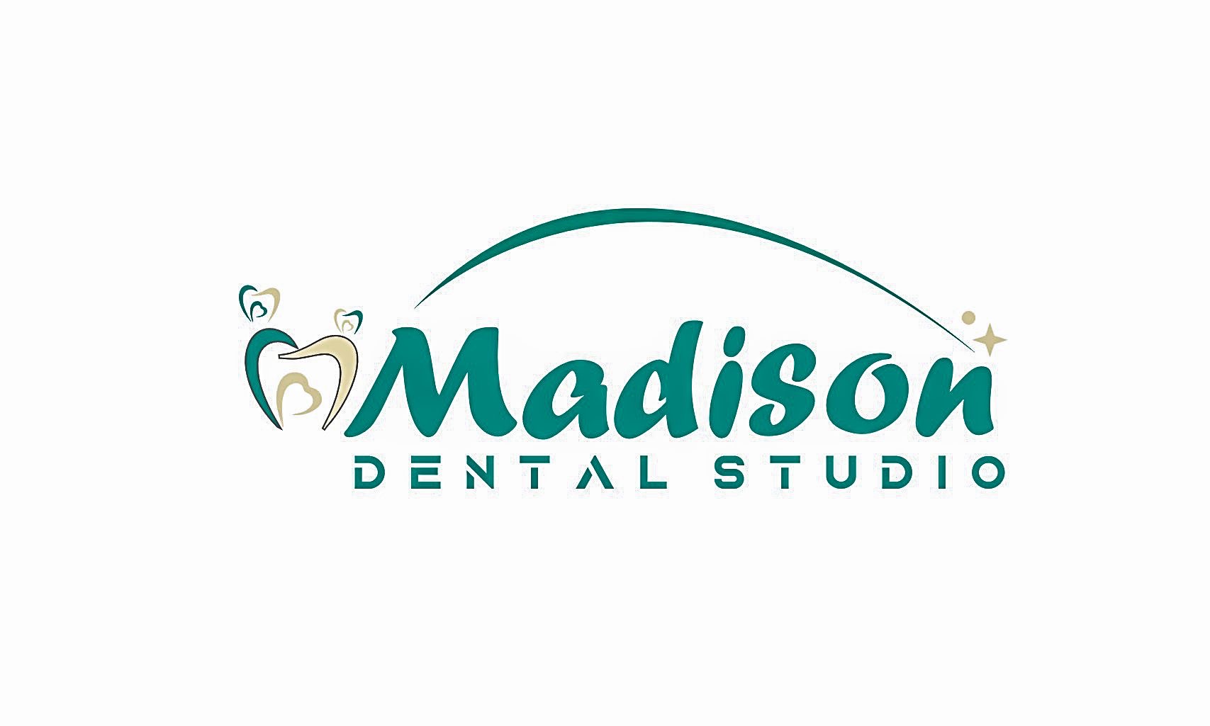 Madison Dental Studio logo featuring a teal and gold tooth design with curved elements and sparkle accents, professional dental clinic branding in Burnaby