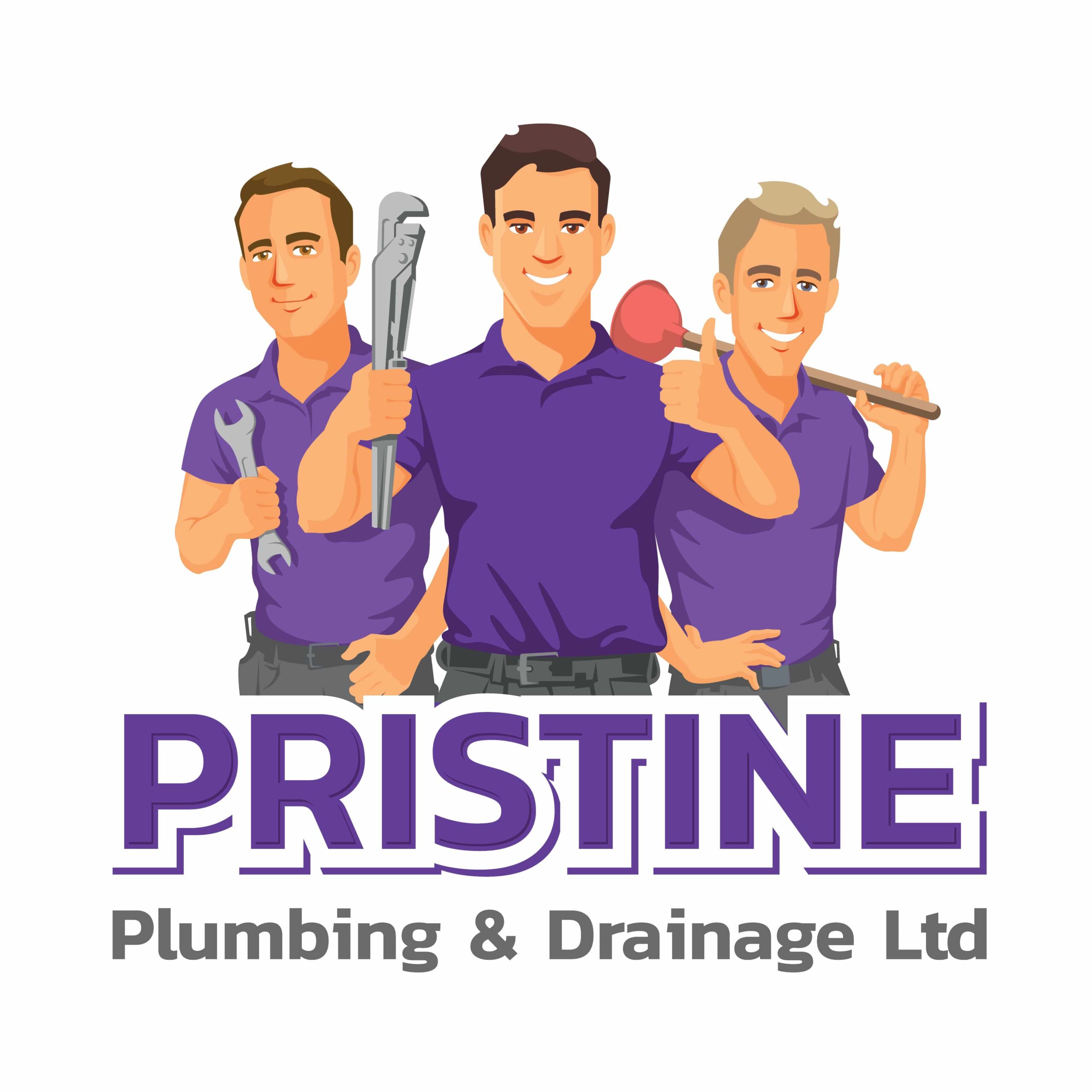 Pristine Plumbing & Drainage Ltd logo featuring three professional plumbers in purple uniforms holding tools